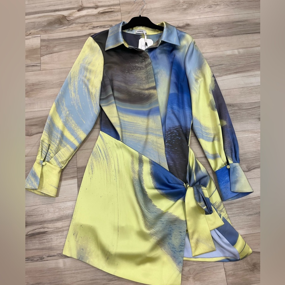 Chic Abstract Long Sleeve Dress in Blue and Yellow